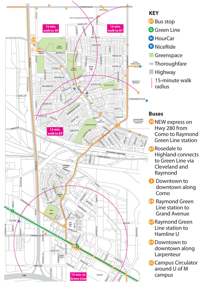 map St. Anthony Park resident Pat Thompson created this map to show "that just about everyone in north St. Anthony Park is within a 15-minute walk of a bus that connects to the Raymond Avenue Green Line Station."