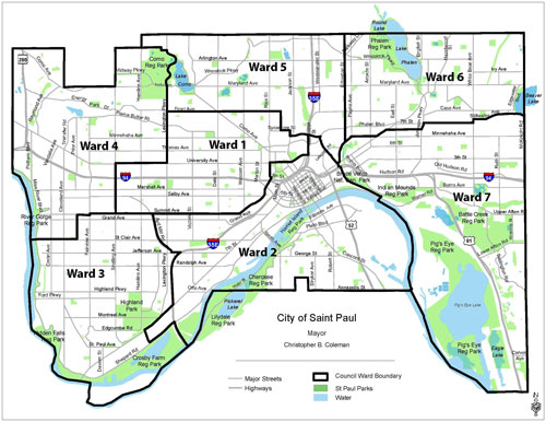 This map shows the ward boundaries in the city of St. Paul.