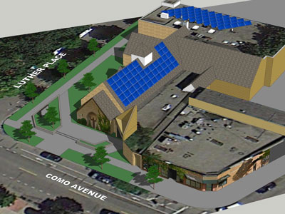 This drawing shows solar units on both the pitched sanctuary roof at St. Anthony Park Lutheran Church and on the flatter roof of the education unit. St. Anthony Park Lutheran Church
