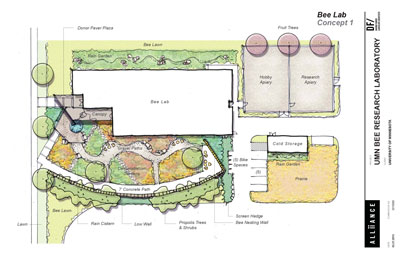 The grounds surrounding the bee lab will include demonstration gardens, a rain garden, a bee nesting wall, a bee-friendly lawn, a research apiary and a hobby apiary.