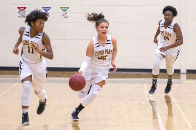 The Lady Cougars are off to a strong start in their quest to repeat as conference champions. Sophomore Mikayla Van Nett brought the ball up court in a victory at De La Salle on Dec. 1, with sophomore Raiyne Adams on the left and freshman Elaina Jones on the right. Photo by Mike Krivit, www.krivit.com