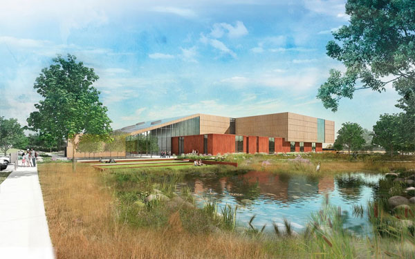 A rendering of the southwest view of the building.