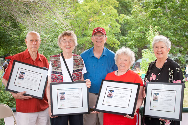 The Saint Anthony Park Community Foundation’s annual Spirit of the Park Award was presented at the Fourth in the Park to the women who initiated the St. Anthony Park Block Nurse Program 35 years ago: the late Ann Copeland, Jo Anne Rohricht, Ida Martinson and Ann Wynia. Pictured here, from left are Harland Copeland (Ann Copeland's husband), Rohricht, foundation executive director Jon Schumacher, Martinson and Wynia. Photo by Lori Hamilton