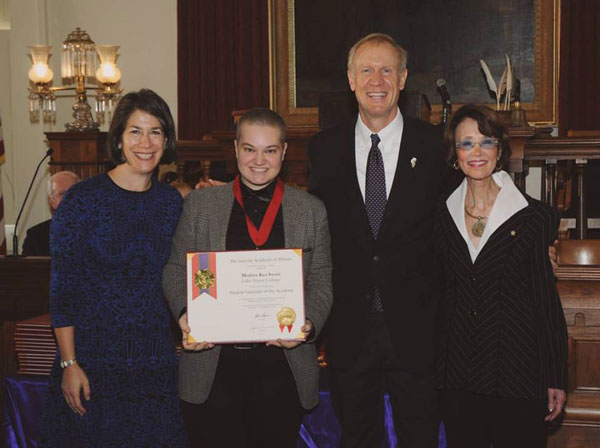 Medora Sweet (second from left) was named a student laureate to Illinois' Lincoln Academy. Illinois Gov. Bruce Rauner spoke at the convocation in November.